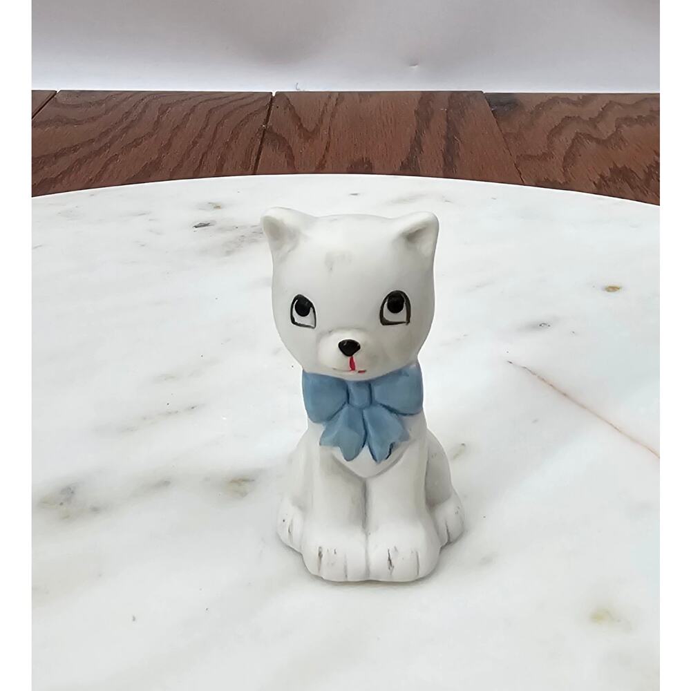 Vintage MCM White Ceramic Cat‎ Figurine Blue Bow | Kitsch Nursery Shelf Decor